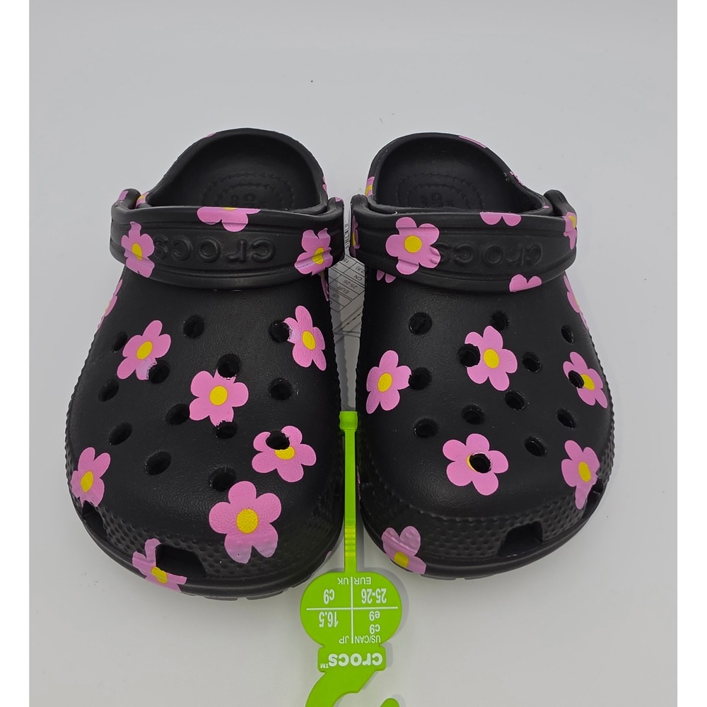 Crocs Classic Flower Clog T Kids Black Pink Floral Slip On Sandals C9 212671-001